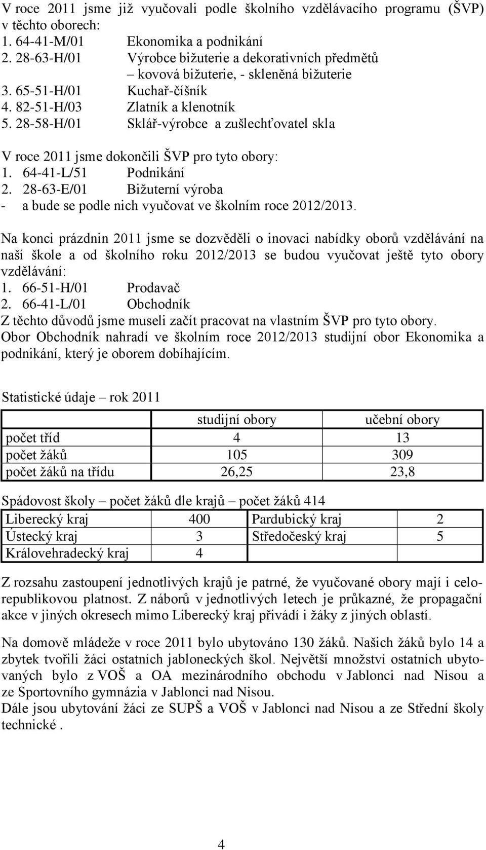 28-58-H/01 Sklář-výrobce a zušlechťovatel skla V roce 2011 jsme dokončili ŠVP pro tyto obory: 1. 64-41-L/51 Podnikání 2.