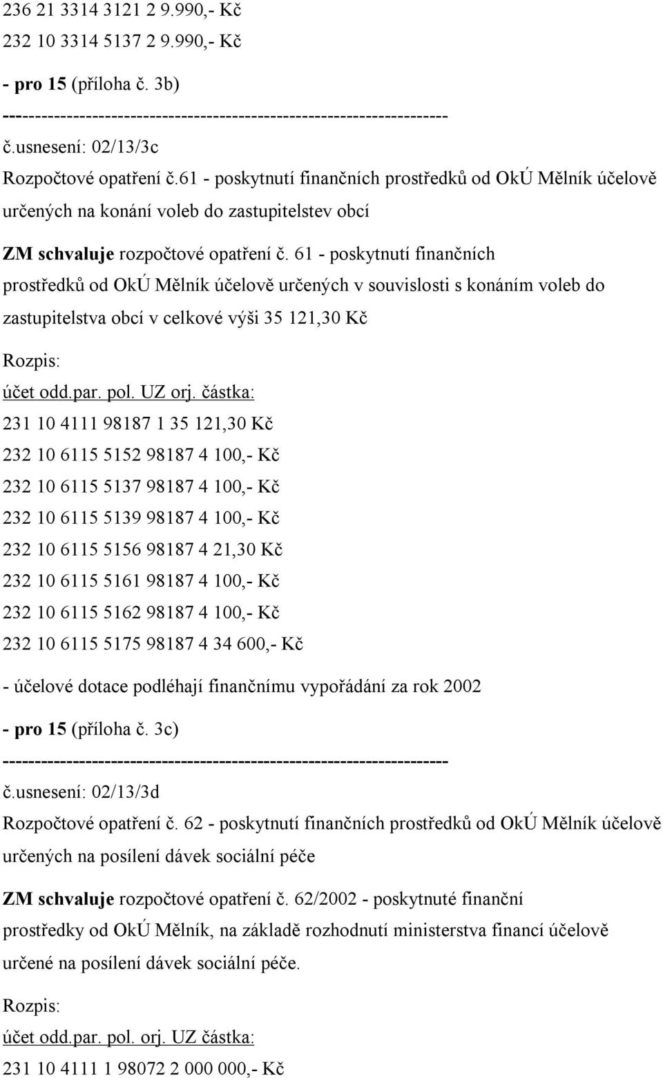 61 - poskytnutí finančních prostředků od OkÚ Mělník účelově určených v souvislosti s konáním voleb do zastupitelstva obcí v celkové výši 35 121,30 Kč Rozpis: účet odd.par. pol. UZ orj.