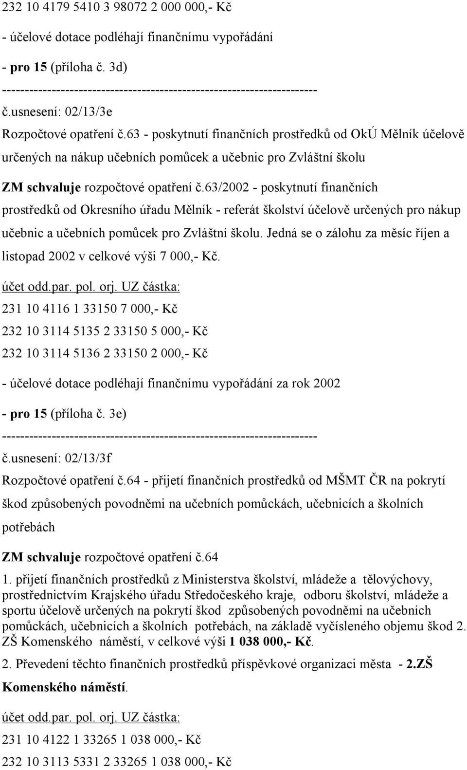 63/2002 - poskytnutí finančních prostředků od Okresního úřadu Mělník - referát školství účelově určených pro nákup učebnic a učebních pomůcek pro Zvláštní školu.