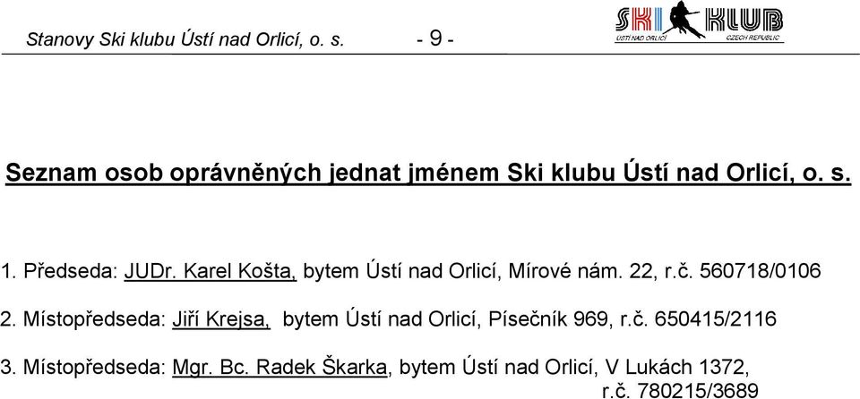 Karel Košta, bytem Ústí nad Orlicí, Mírové nám. 22, r.č. 560718/0106 2.