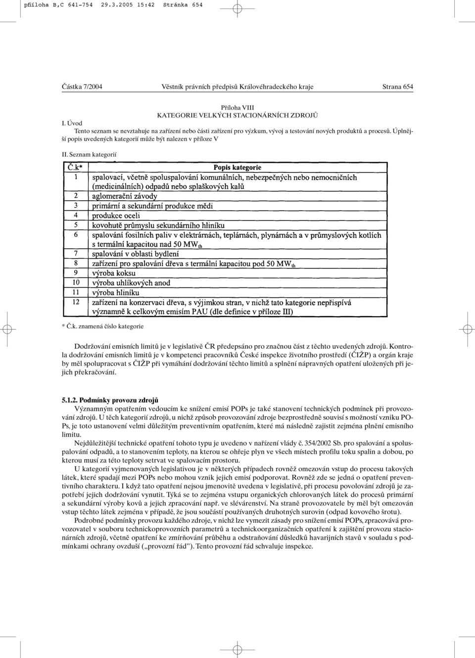 Seznam kategorií * â.k. znamená ãíslo kategorie DodrÏování emisních limitû je v legislativû âr pfiedepsáno pro znaãnou ãást z tûchto uveden ch zdrojû.