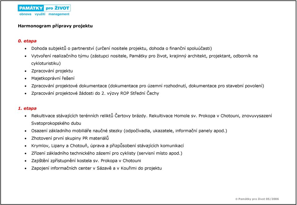 odborník na cykloturistiku) Zpracování projektu Majetkoprávní řešení Zpracování projektové dokumentace (dokumentace pro územní rozhodnutí, dokumentace pro stavební povolení) Zpracování projektové