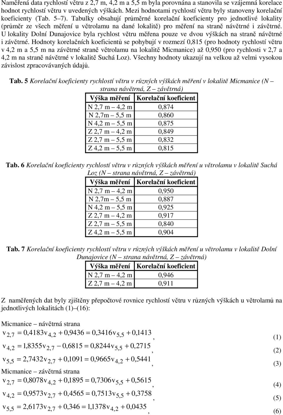 Tabulky obsahují průměrné korelační koeficienty pro jednotlivé lokality (průměr ze všech měření u větrolamu na dané lokalitě) pro měření na straně návětrné i závětrné.
