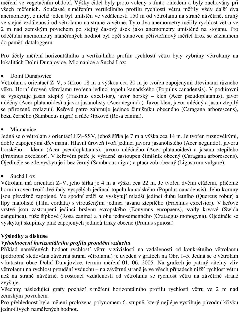 od větrolamu na straně závětrné. Tyto dva anemometry měřily rychlost větru ve 2 m nad zemským povrchem po stejný časový úsek jako anemometry umístěné na stojanu.