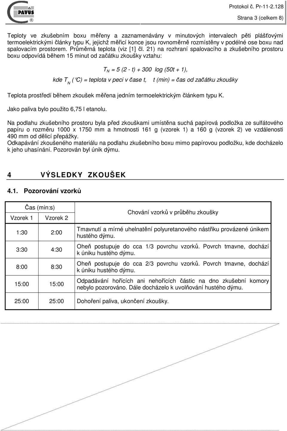 21) na rozhraní spalovacího a zkušebního prostoru boxu odpovídá během 15 minut od začátku zkoušky vztahu: T N = 5 (2 - t) + 300 log (50t + 1), kde T N ( C) = teplota v peci v čase t, t (min) = čas od