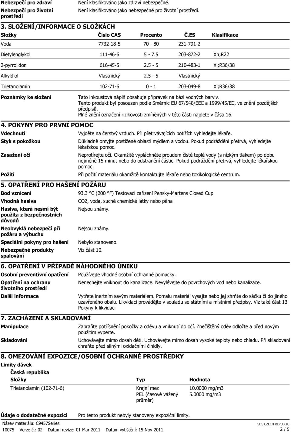 5-5 Vlastnický Trietanolamin 102-71-6 0-1 203-049-8 Xi;R36/38 Poznámky ke složení 4. POKYNY PRO PRVNÍ POMOC Vdechnutí Styk s pokožkou Zasažení očí Požití 5.