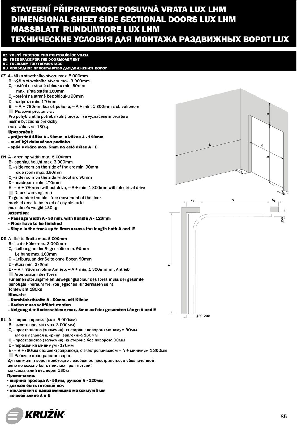 pohonem - průjezdná šířka - 50mm, s klikou - 120mm - spád v dráze max. 5mm na celé délce i N - opening width max. 5 000mm - side room on the side of the arc min. 90mm side room max.
