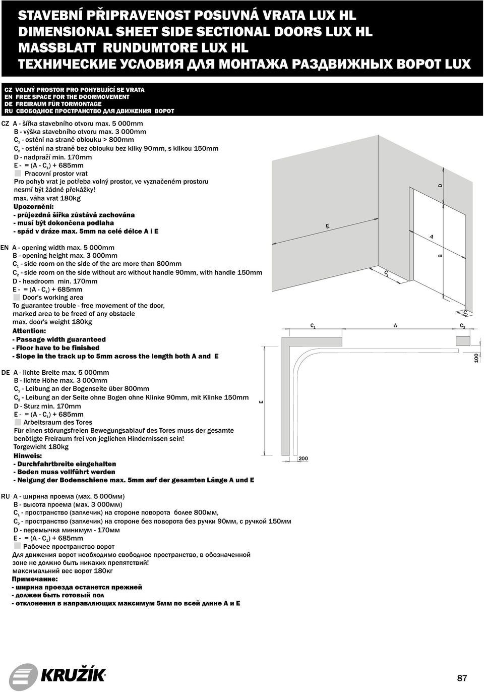 5 000mm - side room on the side of the arc more than 800mm - side room on the side without arc without handle 90mm, with handle 150mm - = ( - ) + 685mm - Slope in the track up to 5mm across the