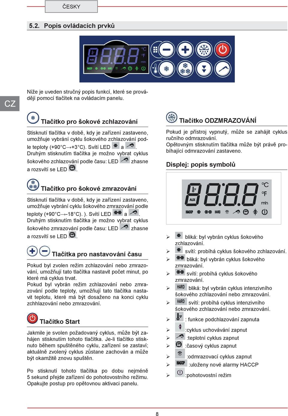 vybrání cyklu šokového zchlazování podle teploty (+90 C +3 C) Svítí LED Druhým stisknutím tlačítka je možno vybrat cyklus šokového zchlazování podle času: LED rozsvítí se LED zhasne Displej: popis