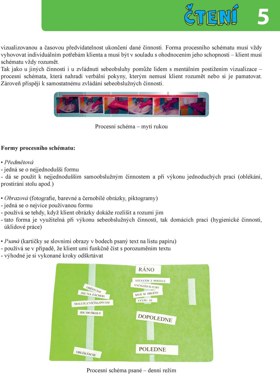 Tak jako u jiných činností i u zvládnutí sebeobsluhy pomůže lidem s mentálním postižením vizualizace procesní schémata, která nahradí verbální pokyny, kterým nemusí klient rozumět nebo si je