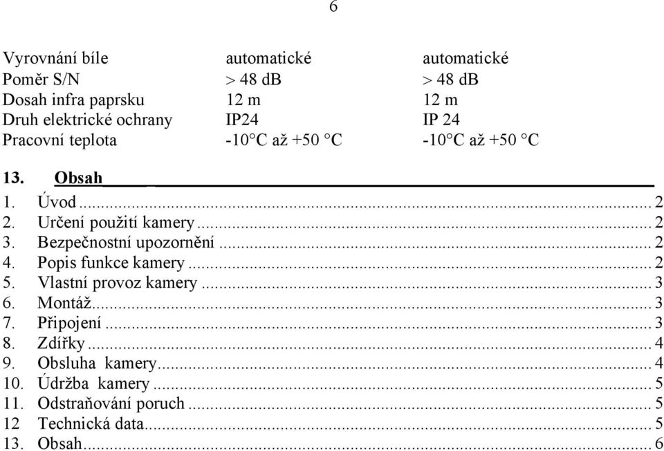 Bezpečnostní upozornění... 2 4. Popis funkce kamery...2 5. Vlastní provoz kamery... 3 6. Montáž... 3 7. Připojení... 3 8.