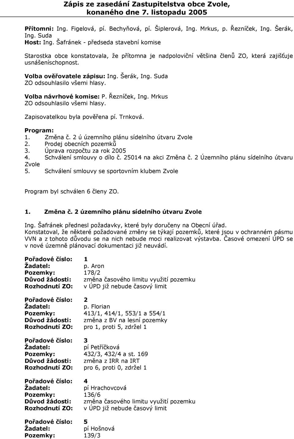 Suda ZO odsouhlasilo všemi hlasy. Volba návrhové komise: P. Řezníček, Ing. Mrkus ZO odsouhlasilo všemi hlasy. Zapisovatelkou byla pověřena pí. Trnková. Program: 1. Změna č.