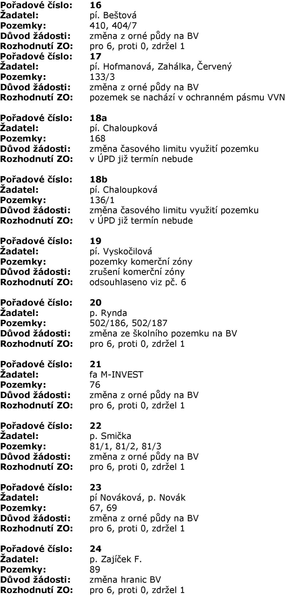 Vyskočilová Pozemky: pozemky komerční zóny Důvod žádosti: zrušení komerční zóny Rozhodnutí ZO: odsouhlaseno viz pč. 6 Pořadové číslo: 20 p.