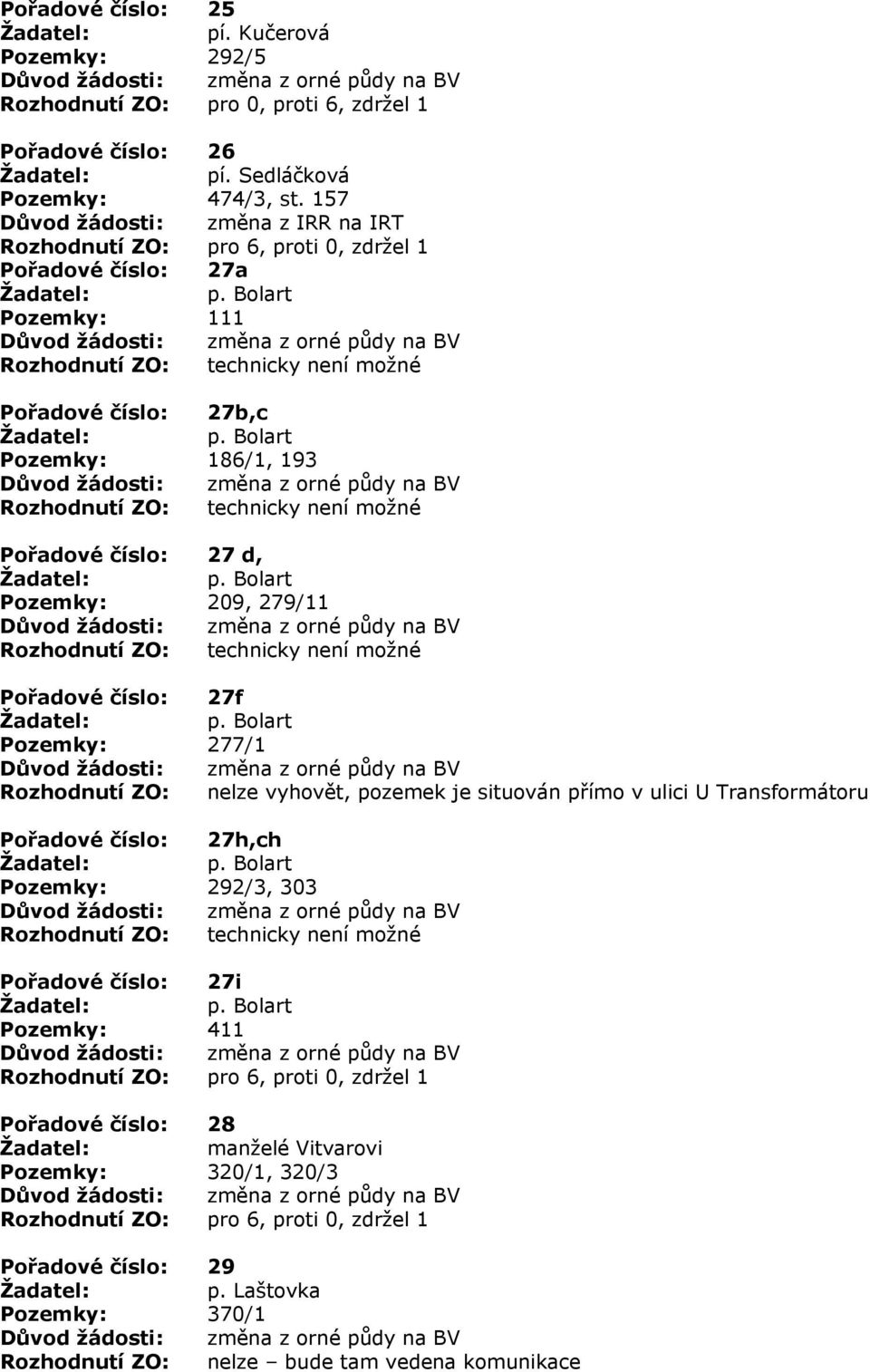 279/11 Pořadové číslo: 27f Pozemky: 277/1 Rozhodnutí ZO: nelze vyhovět, pozemek je situován přímo v ulici U Transformátoru Pořadové číslo: 27h,ch