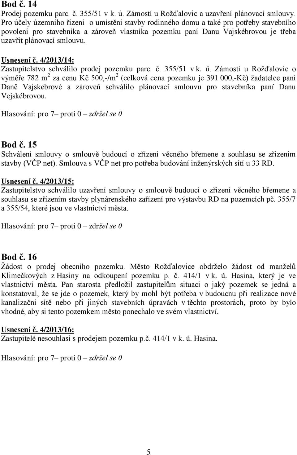 Usnesení č. 4/2013/14: Zastupitelstvo schválilo prodej pozemku parc. č. 355/51 v k. ú.