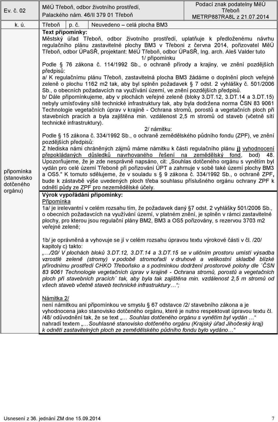 Neuvedeno celá plocha BM3 Text připomínky: Městský úřad Třeboň, odbor životního prostředí, uplatňuje k předloženému návrhu regulačního plánu zastavitelné plochy BM3 v Třeboni z června 2014,