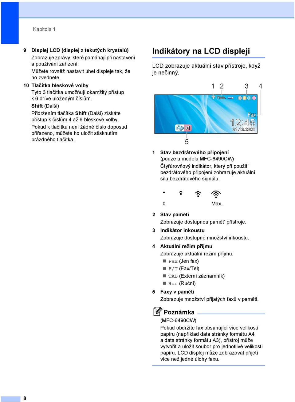 Pokud k tlačítku není žádné číslo doposud přiřazeno, můžete ho uložit stisknutím prázdného tlačítka. Indikátory na LCD displeji 1 LCD zobrazuje aktuální stav přístroje, když je nečinný. 5 1 2 3 4 Pam.