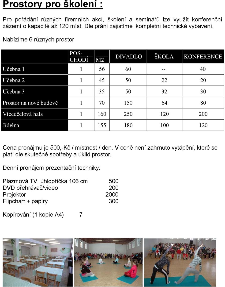 Nabízíme 6 různých prostor POS- DIVADLO ŠKOLA KONFERENCE CHODÍ M2 Učebna 1 1 56 60 -- 40 Učebna 2 1 45 50 22 20 Učebna 3 1 35 50 32 30 Prostor na nové budově 1 70 150 64 80