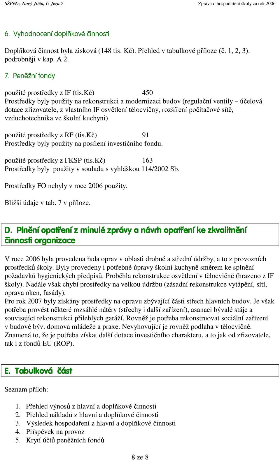 školní kuchyni) použité prostředky z RF (tis.kč) 91 Prostředky byly použity na posílení investičního fondu. použité prostředky z FKSP (tis.