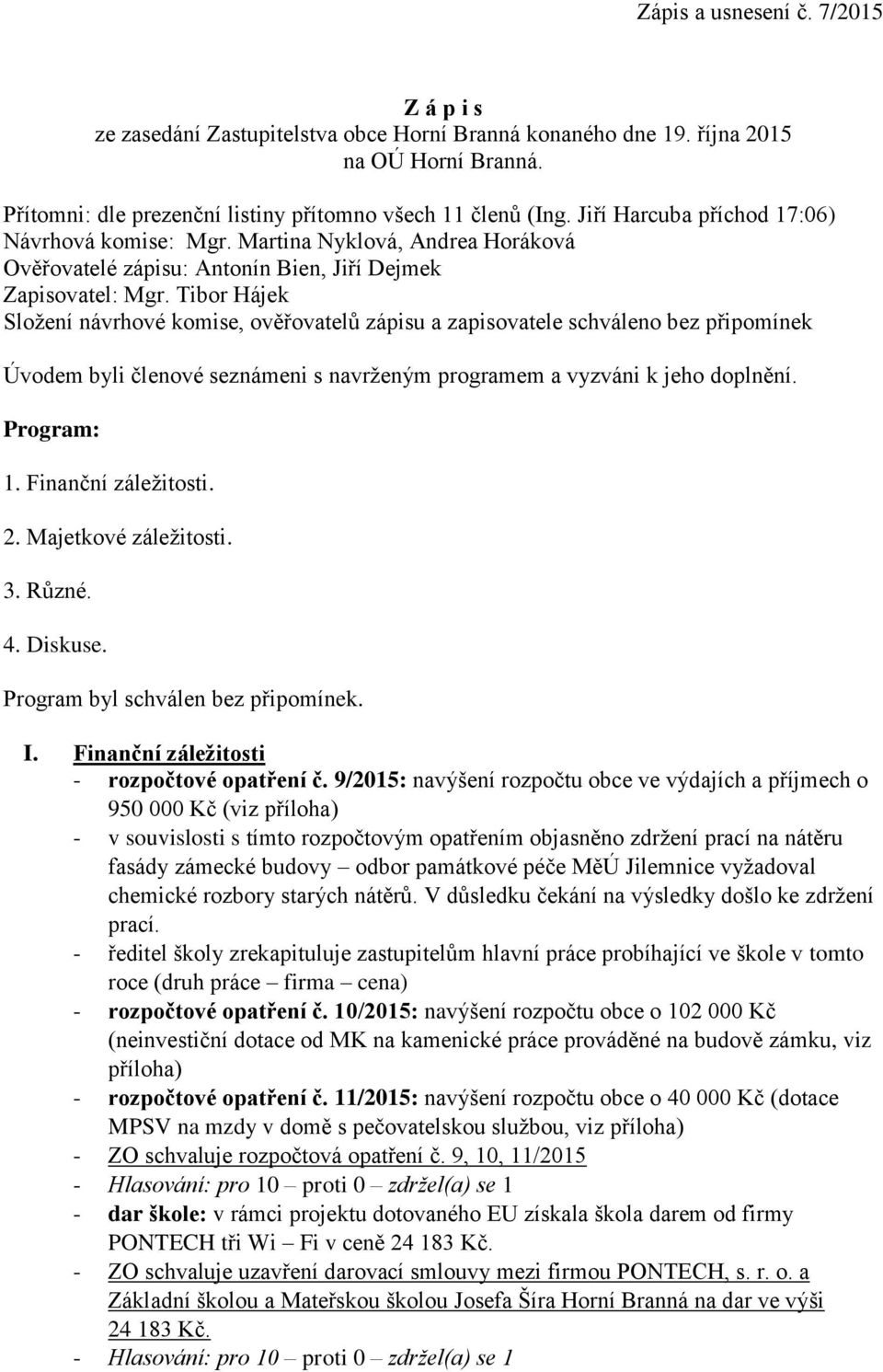 Tibor Hájek Složení návrhové komise, ověřovatelů zápisu a zapisovatele schváleno bez připomínek Úvodem byli členové seznámeni s navrženým programem a vyzváni k jeho doplnění. Program: 1.