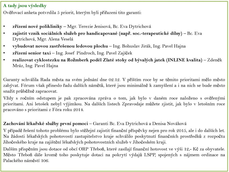 Bohuslav Jirák, Ing. Pavel Hajna zřízení senior taxi Ing. Josef Pindroch, Ing. Pavel Zajíček realizovat cyklostezku na Rožmberk podél Zlaté stoky od bývalých jatek (INLINE kvalita) Zdeněk Mráz, Ing.