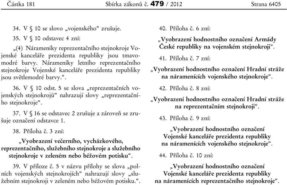 Nárameníky letního reprezentačního stejnokroje Vojenské kanceláře prezidenta republiky jsou světlemodré barvy.. 36. V 10 odst.