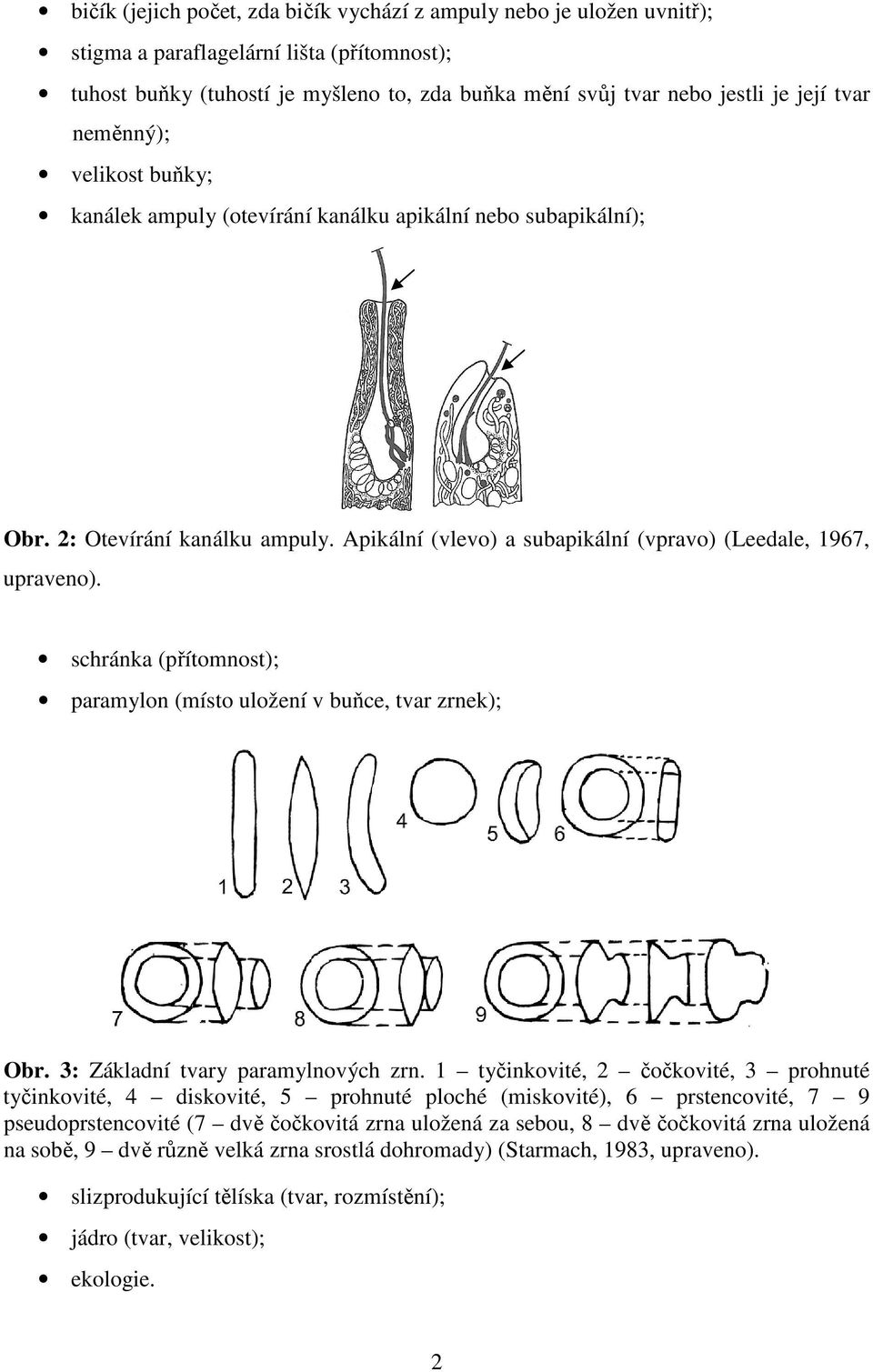 schránka (přítomnost); paramylon (místo uložení v buňce, tvar zrnek); Obr. 3: Základní tvary paramylnových zrn.