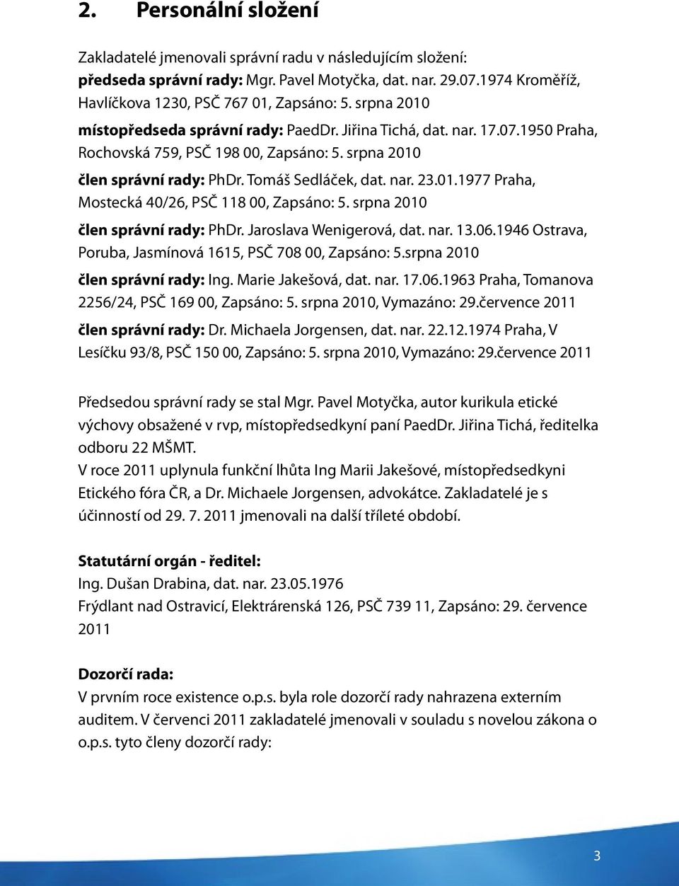 srpna 2010 člen správní rady: PhDr. Jaroslava Wenigerová, dat. nar. 13.06.1946 Ostrava, Poruba, Jasmínová 1615, PSČ 708 00, Zapsáno: 5.srpna 2010 člen správní rady: Ing. Marie Jakešová, dat. nar. 17.