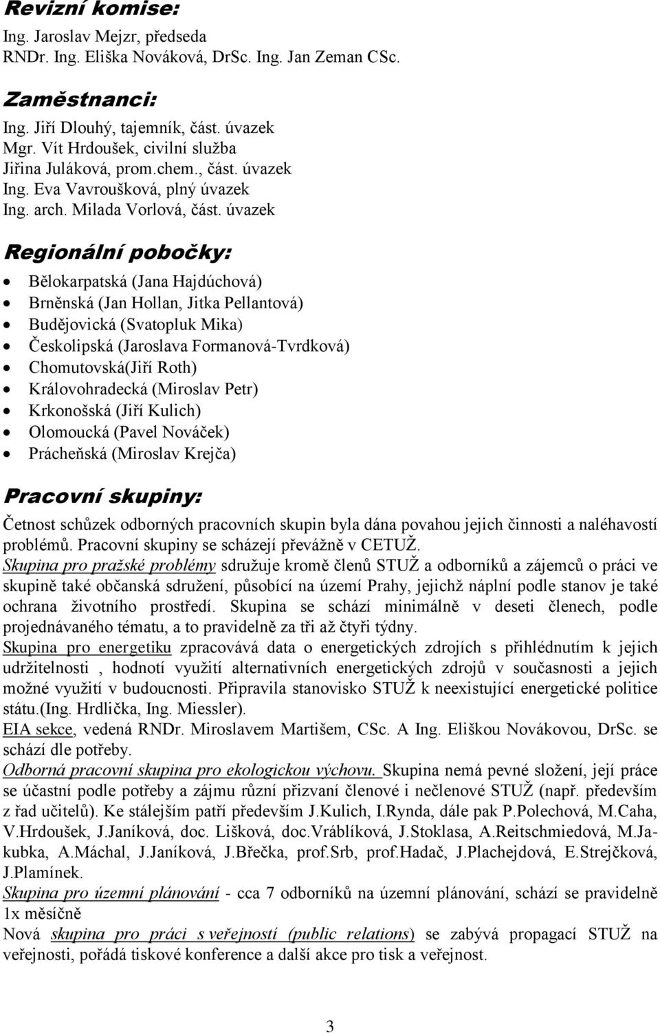 úvazek Regionální pobočky: Bělokarpatská (Jana Hajdúchová) Brněnská (Jan Hollan, Jitka Pellantová) Budějovická (Svatopluk Mika) Českolipská (Jaroslava Formanová-Tvrdková) Chomutovská(Jiří Roth)