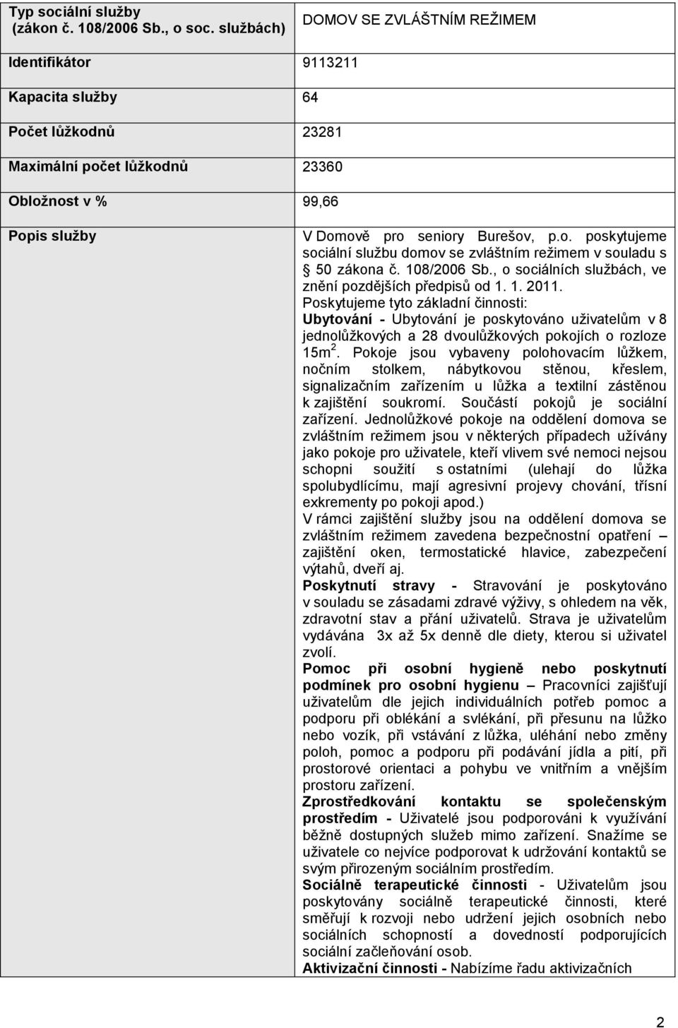 108/2006 Sb., o sociálních službách, ve znění pozdějších předpisů od 1. 1. 2011.