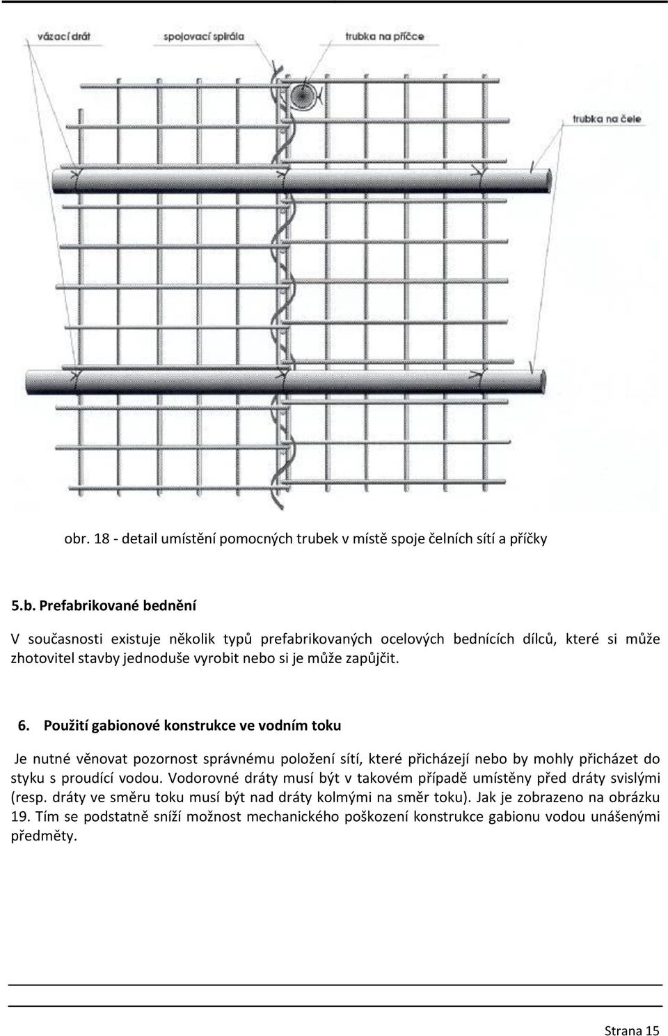 Použití gabionové konstrukce ve vodním toku Je nutné věnovat pozornost správnému položení sítí, které přicházejí nebo by mohly přicházet do styku s proudící vodou.