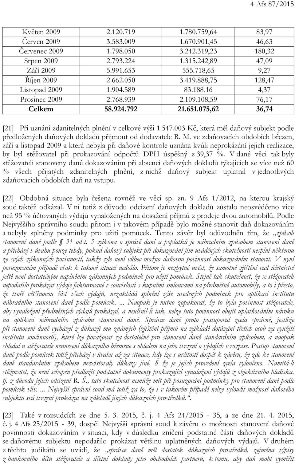 075,62 36,74 [21] Při uznání zdanitelných plnění v celkové výši 1.547.003 Kč, která měl daňový subjekt podle předložených daňových dokladů přijmout od dodavatele R. M.