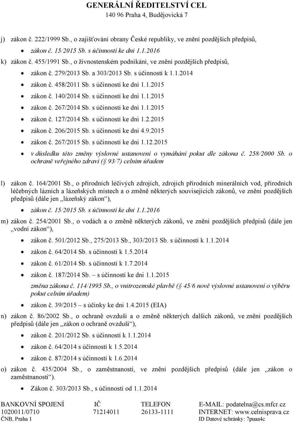 s účinností ke dni 1.1.2015 zákon č. 267/2014 Sb. s účinností ke dni 1.1.2015 zákon č. 127/2014 Sb. s účinností ke dni 1.2.2015 zákon č. 206/2015 Sb. s účinností ke dni 4.9.2015 zákon č. 267/2015 Sb.