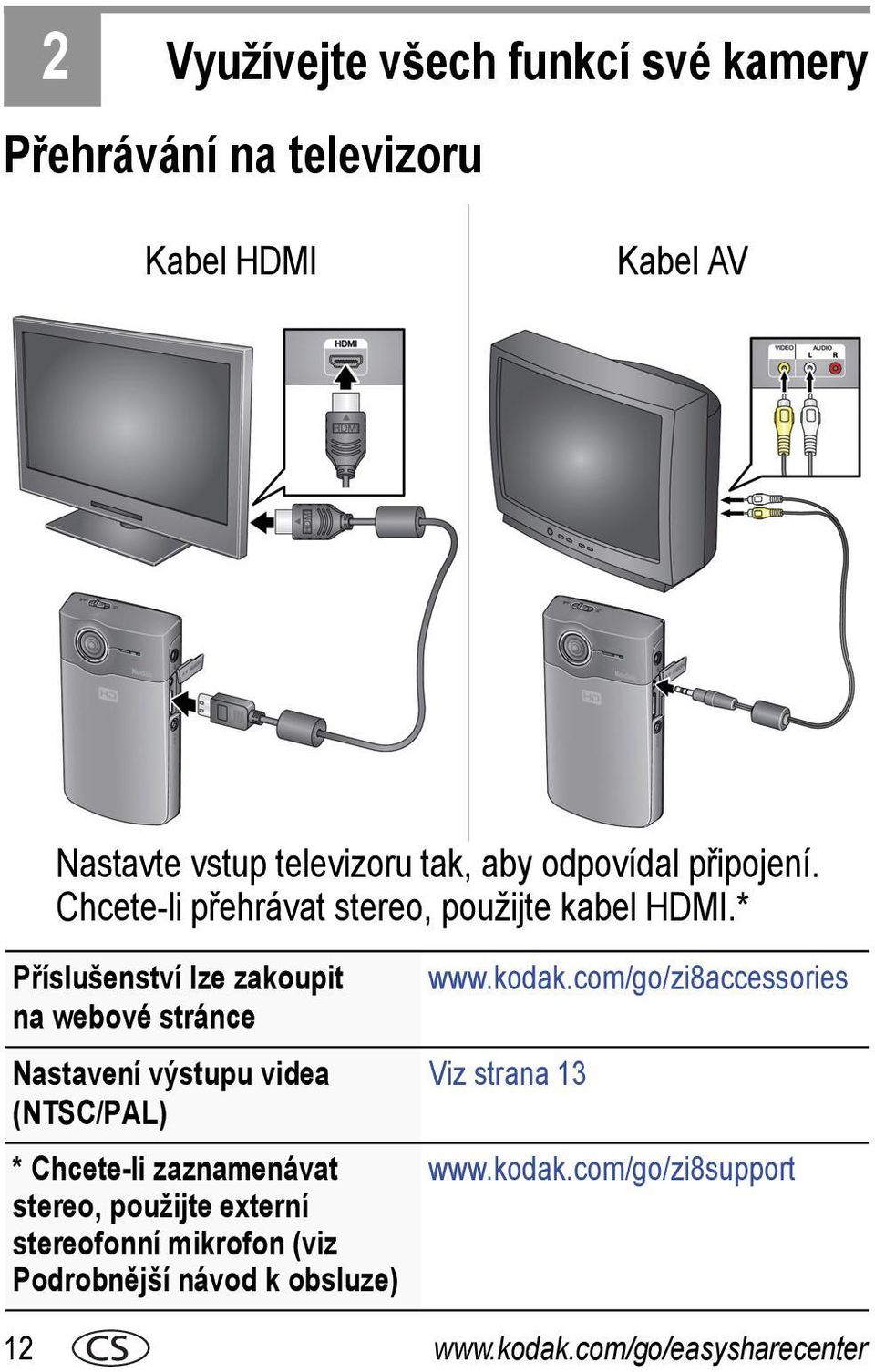 * Příslušenství lze zakoupit na webové stránce Nastavení výstupu videa (NTSC/PAL) * Chcete-li zaznamenávat stereo,