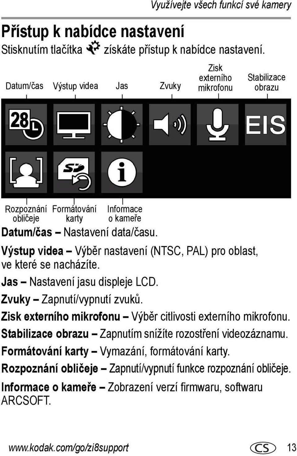 Výstup videa Výběr nastavení (NTSC, PAL) pro oblast, ve které se nacházíte. Jas Nastavení jasu displeje LCD. Zvuky Zapnutí/vypnutí zvuků.