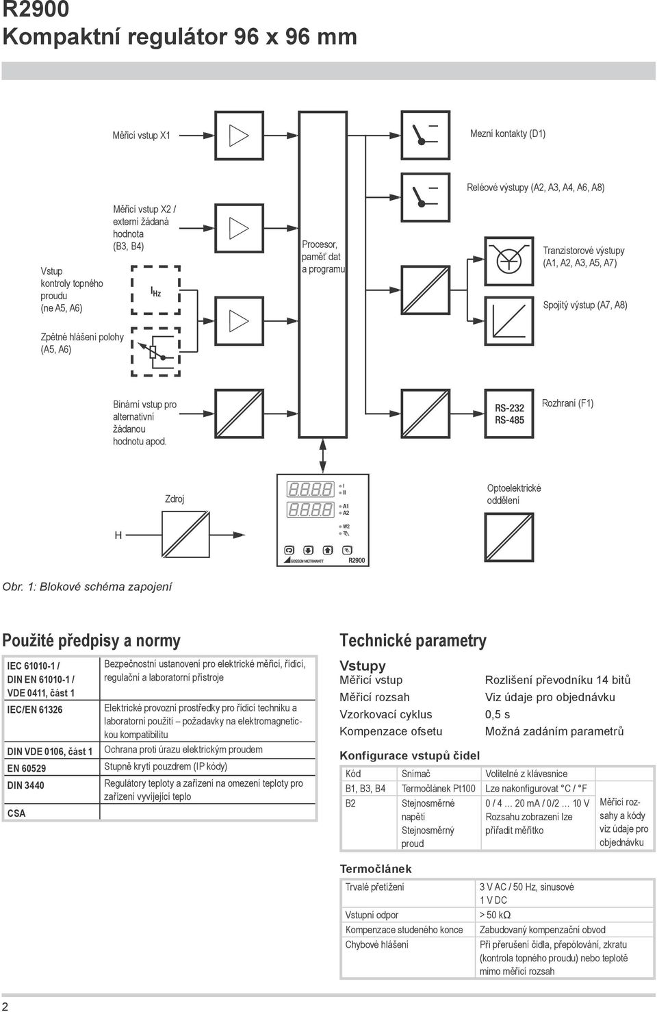 1: Blokové schéma zapojení Použité předpisy a normy Technické parametry IEC 61010-1 / DIN EN 61010-1 / VDE 0411, část 1 IEC/EN 61326 DIN VDE 0106, část 1 EN 60529 DIN 3440 CSA Bezpečnostní ustanovení