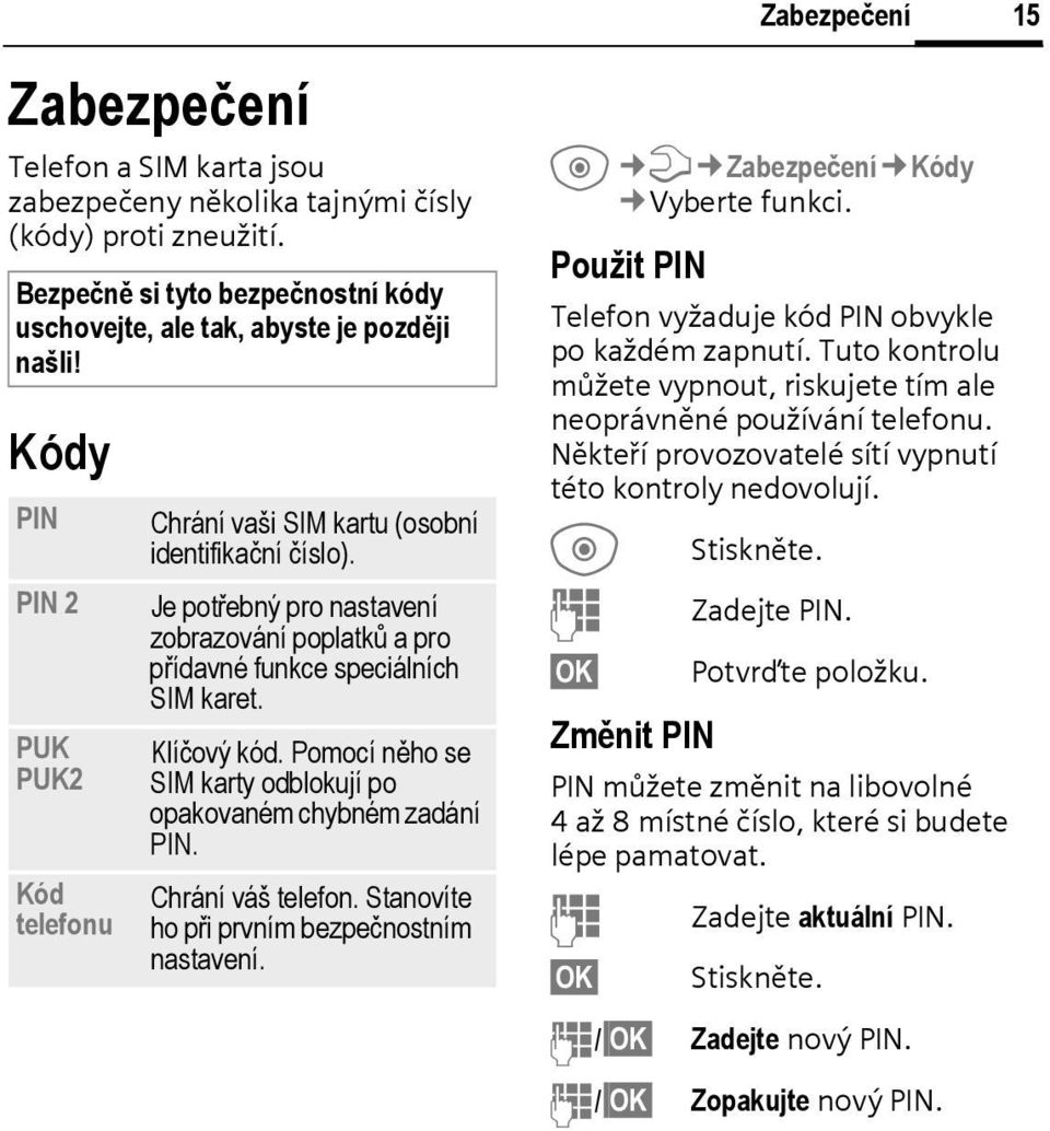 Pomocí něho se SIM karty odblokují po opakovaném chybném zadání PIN. hrání váš telefon. Stanovíte ho při prvním bezpečnostním nastavení. Zabezpečení T Zabezpečení Kódy Vyberte funkci.