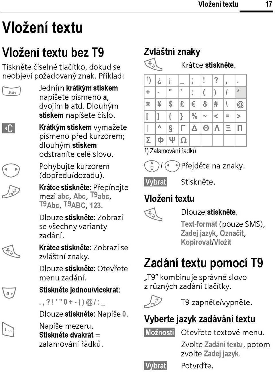 Krátce stiskněte: Přepínejte mezi abc, Abc, T9abc, T9Abc, T9AB, 123. Dlouze stiskněte: Zobrazí se všechny varianty zadání. Krátce stiskněte: Zobrazí se zvláštní znaky.