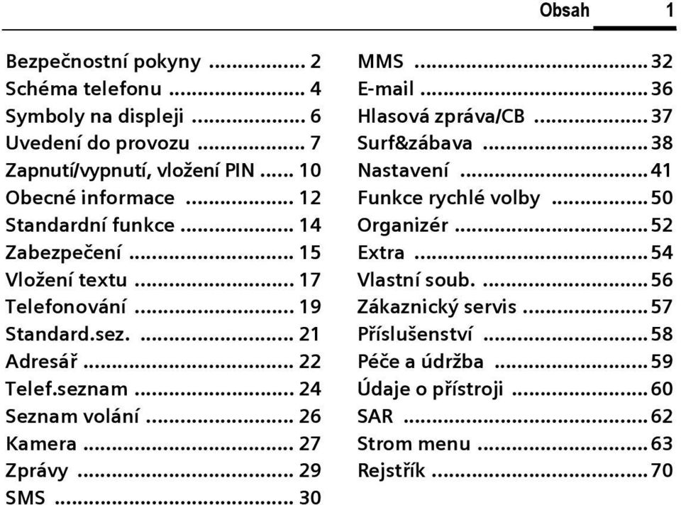 .. 26 Kamera... 27 Zprávy... 29 SMS... 30 MMS... 32 E-mail...36 Hlasová zpráva/b... 37 Surf&zábava... 38 Nastavení...41 Funkce rychlé volby...50 Organizér.