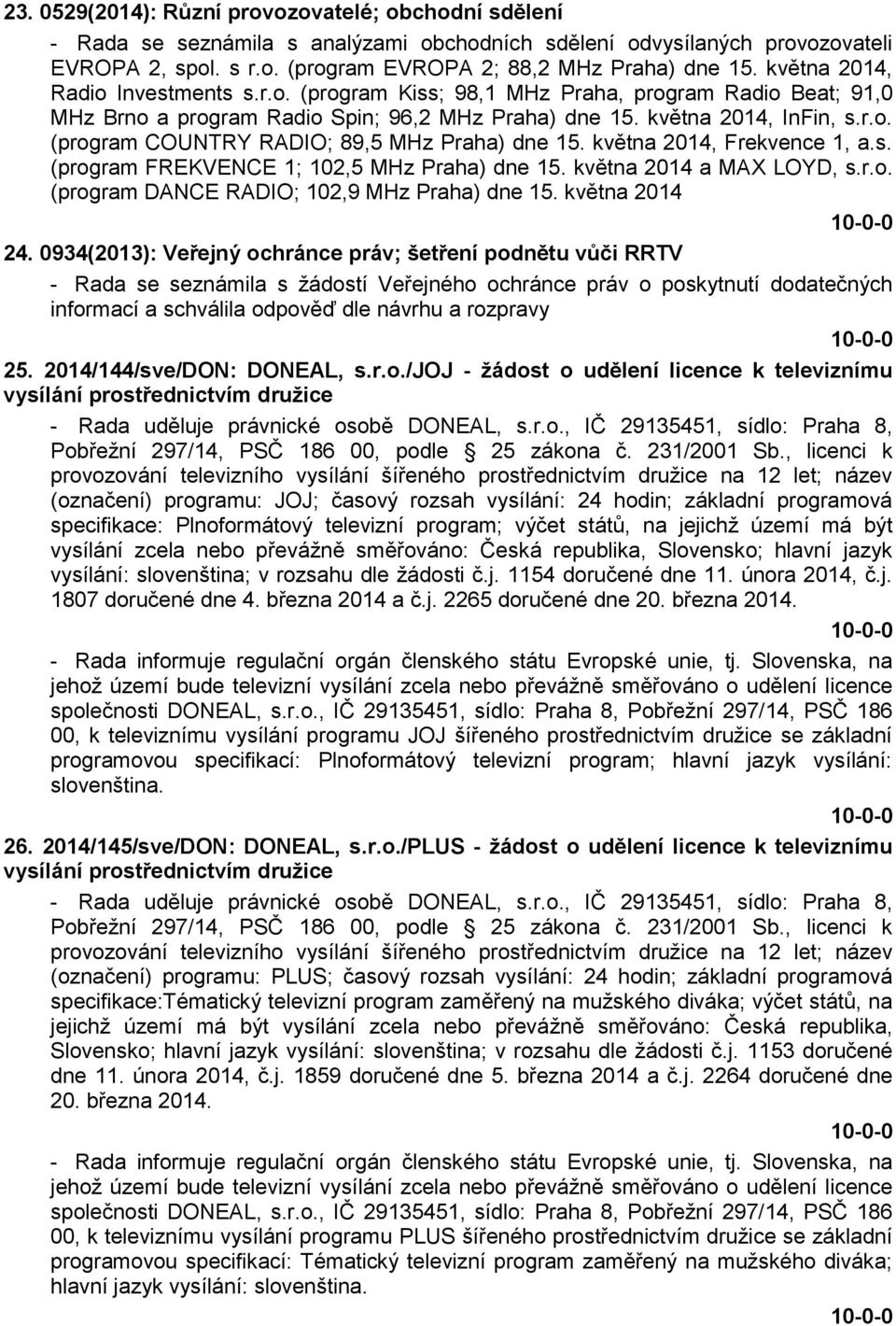 května 2014, Frekvence 1, a.s. (program FREKVENCE 1; 102,5 MHz Praha) dne 15. května 2014 a MAX LOYD, s.r.o. (program DANCE RADIO; 102,9 MHz Praha) dne 15. května 2014 24.