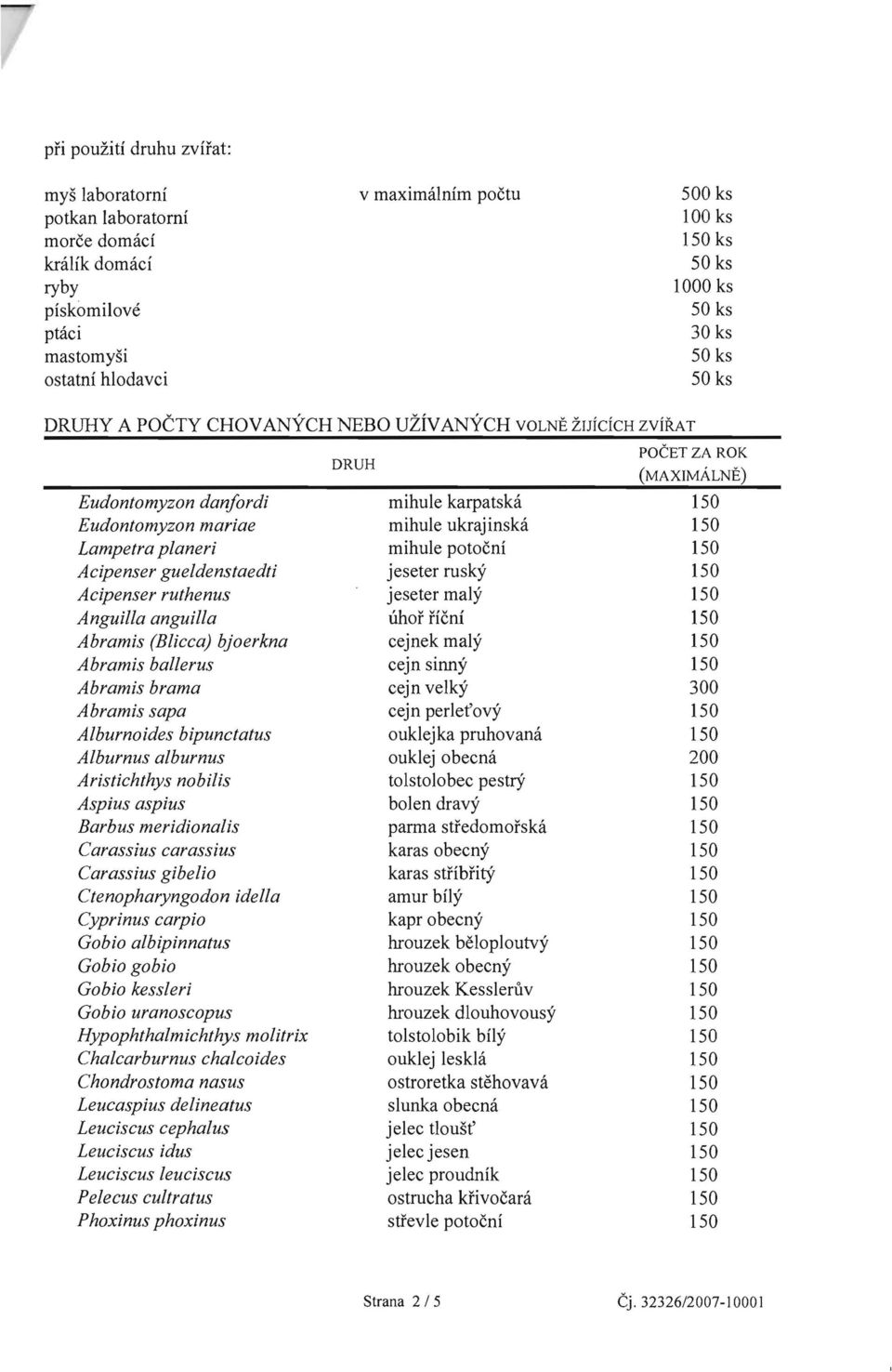 Acipenser gueldenstaedti jeseter rusky Acipenser ruthenus jeseter maly Anguilla anguilla Uhof [fern Abramis (Blicca) bjoerkna cejnek maly Abramis ballerus cejn sinny Abramis brama cejn velky 300