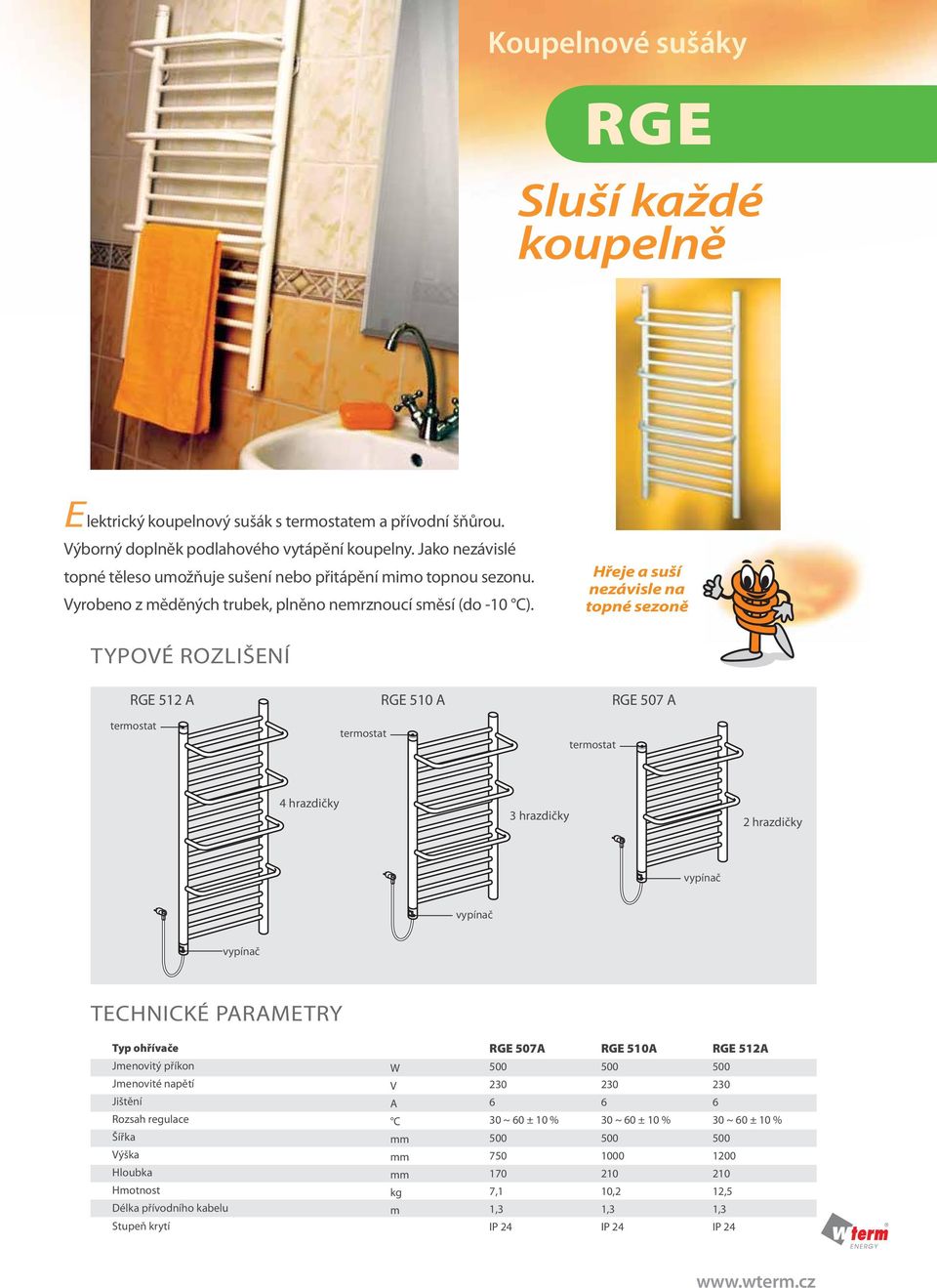 Hřeje a suší nezávisle na topné sezoně TYPOÉ ROZLIŠENÍ RGE 512 termostat termostat RGE 5 termostat RGE 507 4 hrazdičky 3 hrazdičky 2 hrazdičky vypínač vypínač vypínač