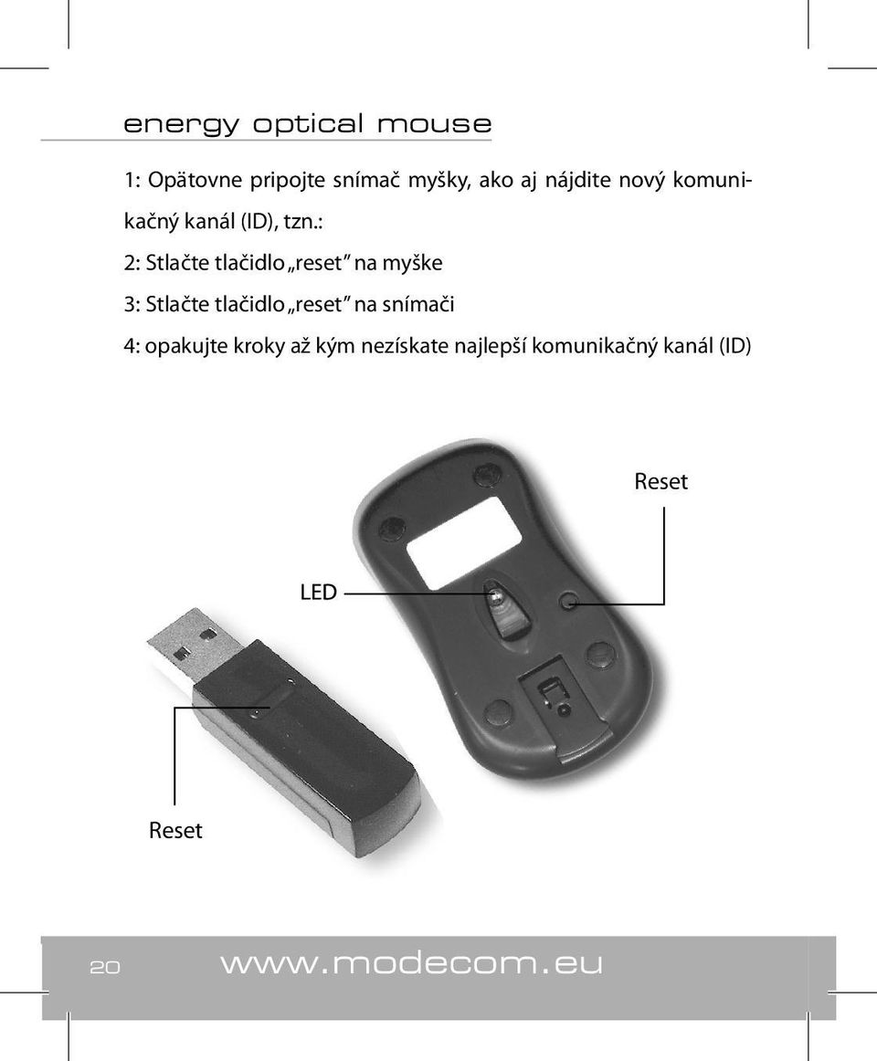 : 2: Stlačte tlačidlo reset na myške 3: Stlačte tlačidlo reset