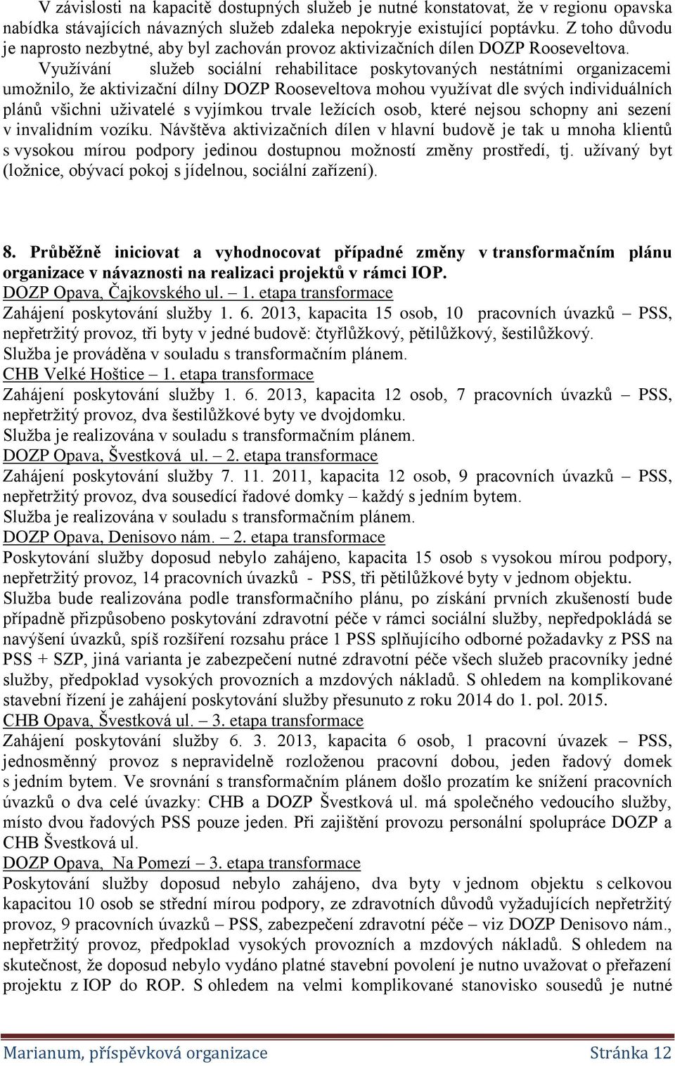 Využívání služeb sociální rehabilitace poskytovaných nestátními organizacemi umožnilo, že aktivizační dílny DOZP Rooseveltova mohou využívat dle svých individuálních plánů všichni uživatelé s