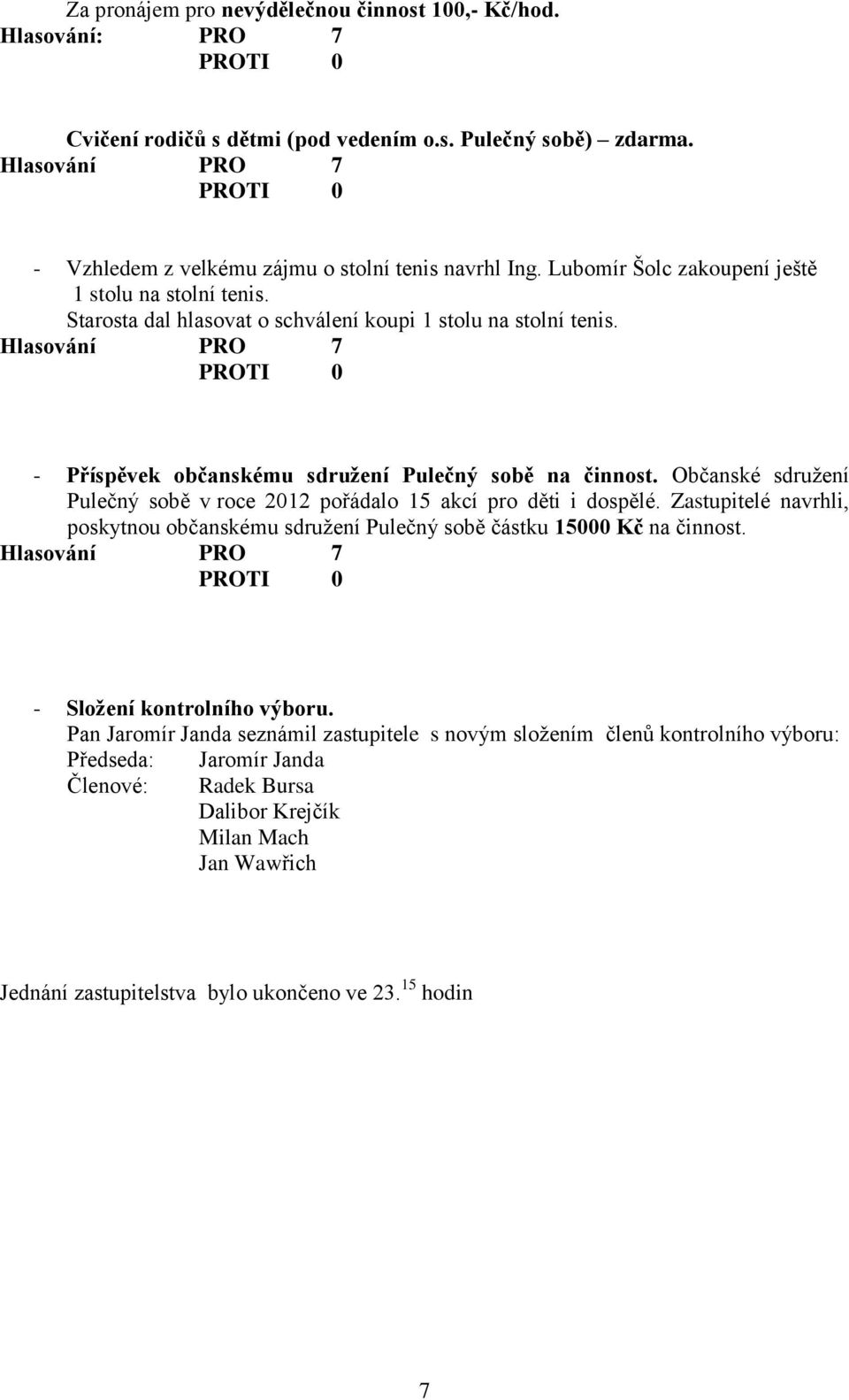 Občanské sdružení Pulečný sobě v roce 2012 pořádalo 15 akcí pro děti i dospělé. Zastupitelé navrhli, poskytnou občanskému sdružení Pulečný sobě částku 15000 Kč na činnost.