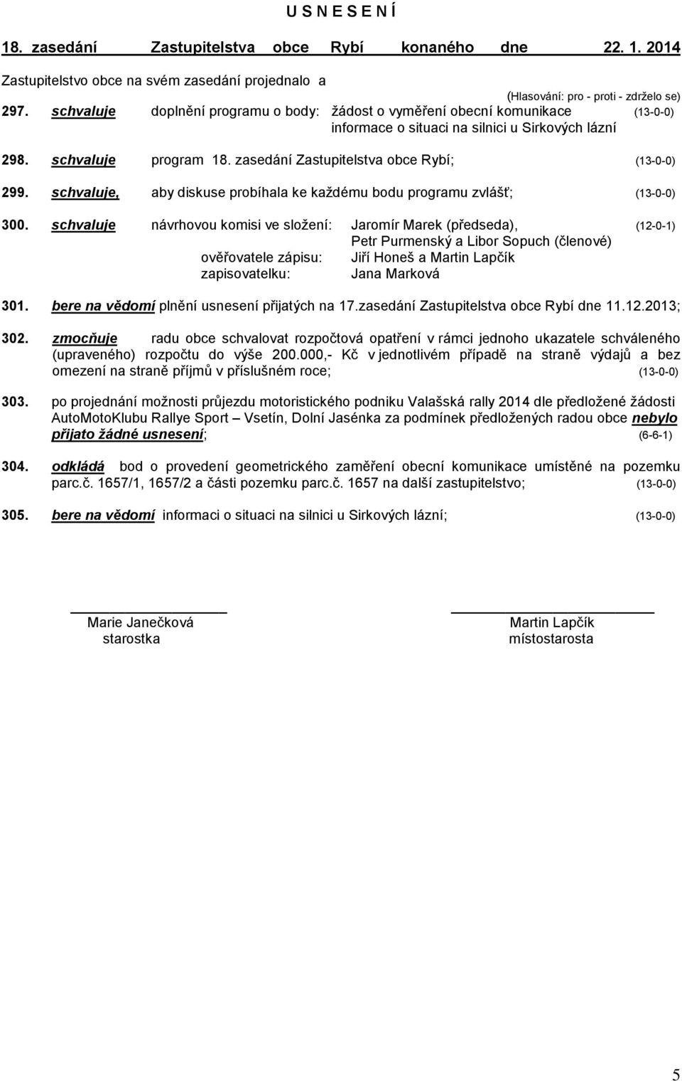 zasedání Zastupitelstva obce Rybí; (13-0-0) 299. schvaluje, aby diskuse probíhala ke každému bodu programu zvlášť; (13-0-0) 300.