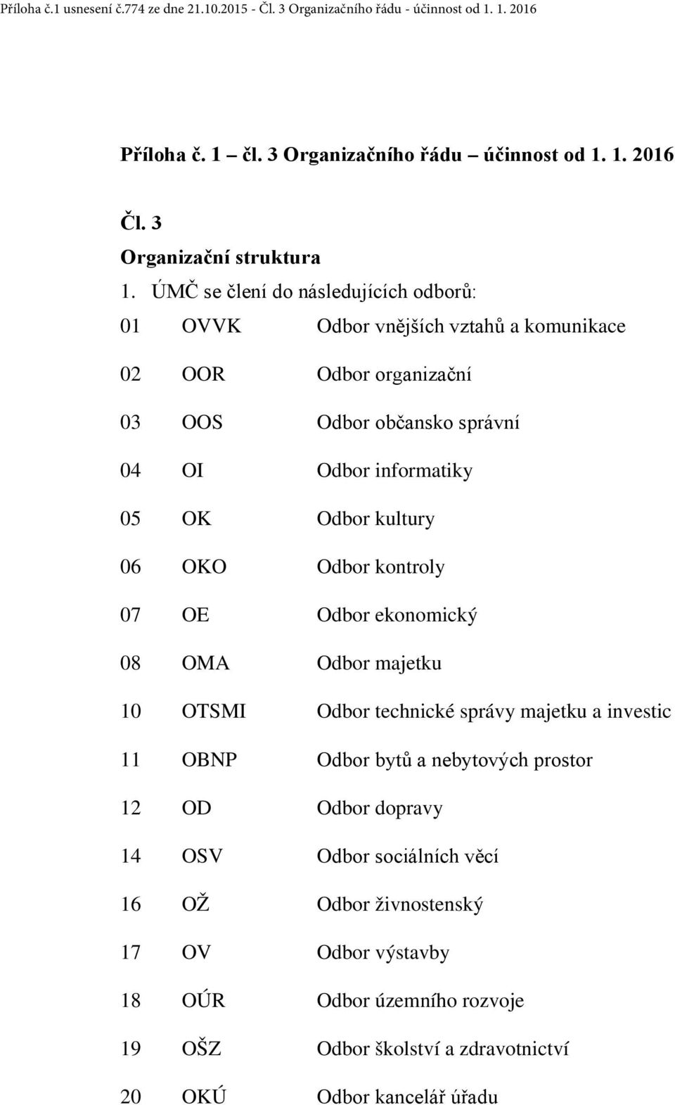 ÚMČ se člení do následujících odborů: 01 OVVK Odbor vnějších vztahů a komunikace 02 OOR Odbor organizační 03 OOS Odbor občansko správní 04 OI Odbor informatiky 05 OK Odbor