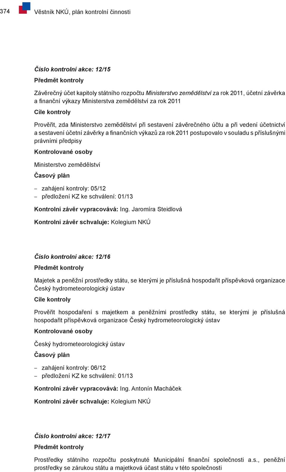 2011 postupovalo v souladu s příslušnými právními předpisy Kontrolované osoby Ministerstvo zemědělství Časový plán zahájení kontroly: 05/12 předložení KZ ke schválení: 01/13 Kontrolní závěr