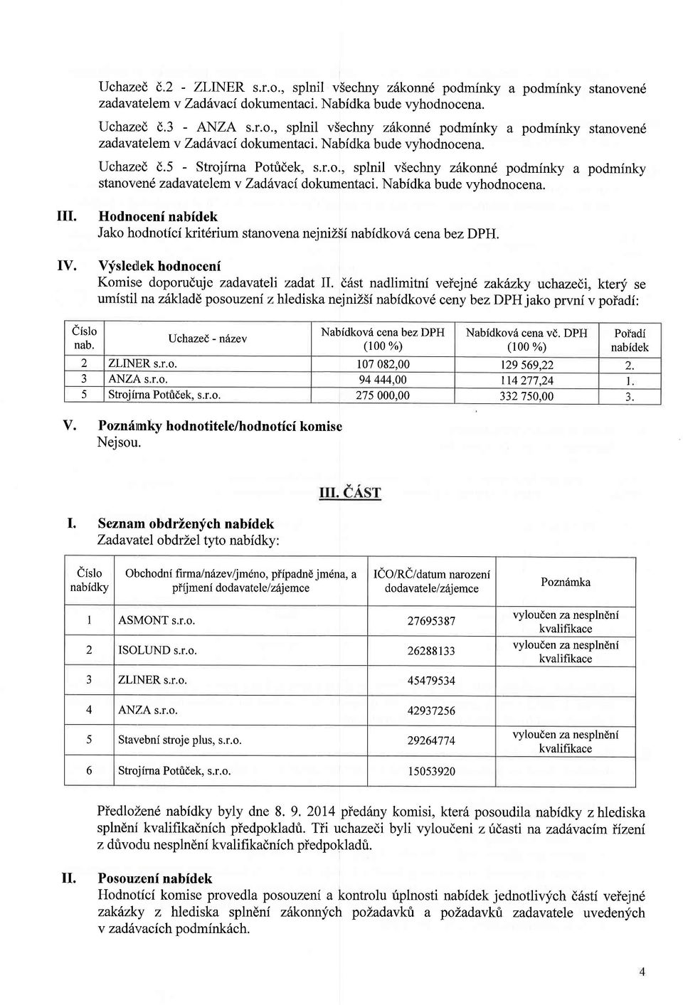 Hodnoceni nabfdek Jako hodnoticf krit6rium stanovena neiniz5i nabidkov6 cenabez DPH. IV. Vfsledtek hodnocenf Komise doporuduje zadavateli zadat II.