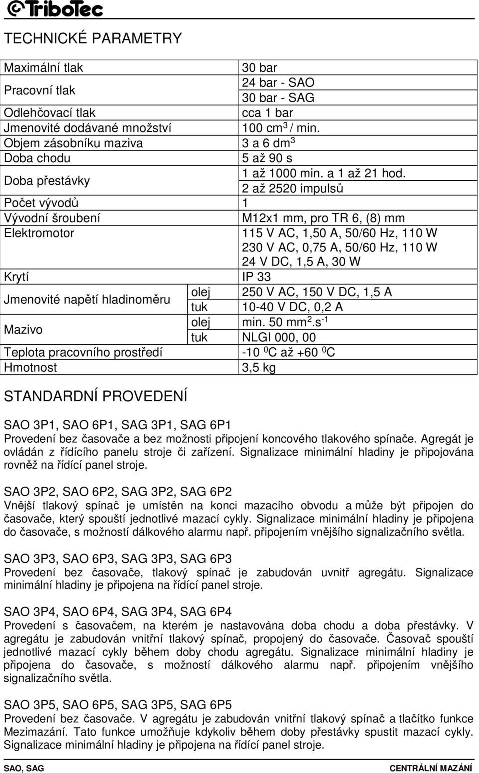 2 až 2520 impulsů Počet vývodů 1 Vývodní šroubení M12x1 mm, pro TR 6, (8) mm Elektromotor 115 V AC, 1,50 A, 50/60 Hz, 110 W 230 V AC, 0,75 A, 50/60 Hz, 110 W 24 V DC, 1,5 A, 30 W Krytí IP 33